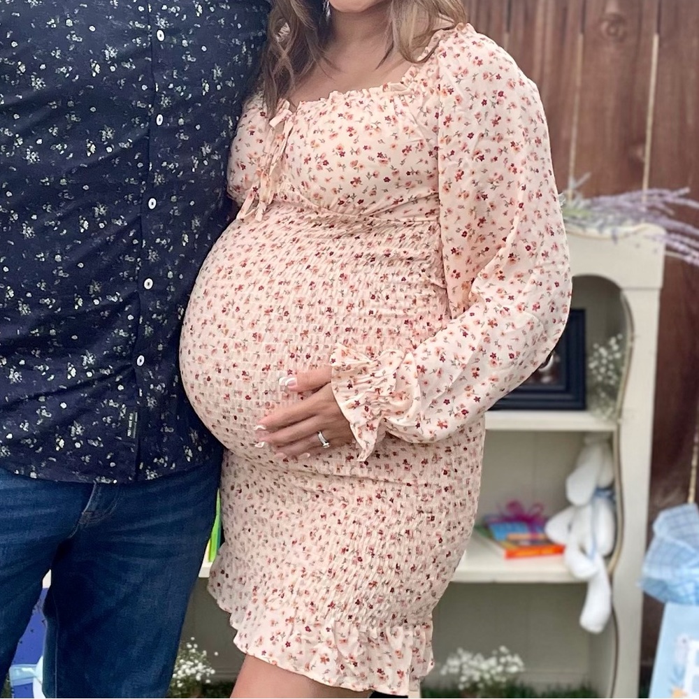 Pink blush Maternity Floral smocked long sleeve dress